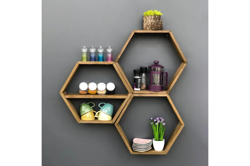 Evila Vägghylla 3 Hexagoner - Trä - Förvaring - Köksförvaring - Kökshylla
