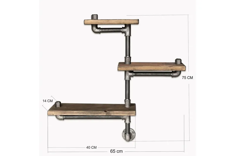 Evila Vägghylla Rör/Trä 3 Hyllor - Svart/Trä - F örvaring - Köksförvaring - Kökshylla