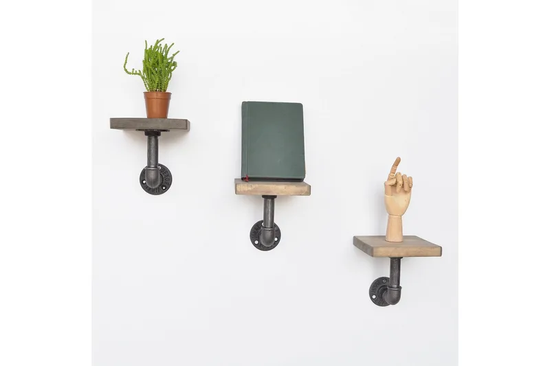 Evila Vägghylla Rör/Trä Liten 3-pack - Svart/Trä - Förvaring - Köksförvaring - Kökshylla