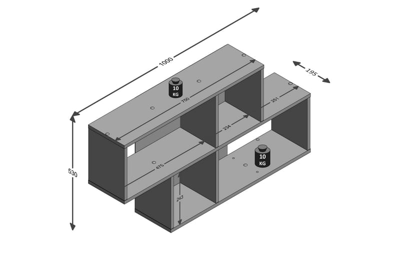 FMD Väggmonterad hylla med 4 fack betong och vit - Grå - Vägghylla - Kökshylla