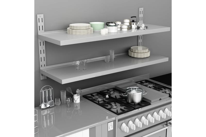 Svävande vägghylla 2 plan rostfritt stål 150x30 cm - Grå - Förvaring - Köksförvaring - Kökshylla