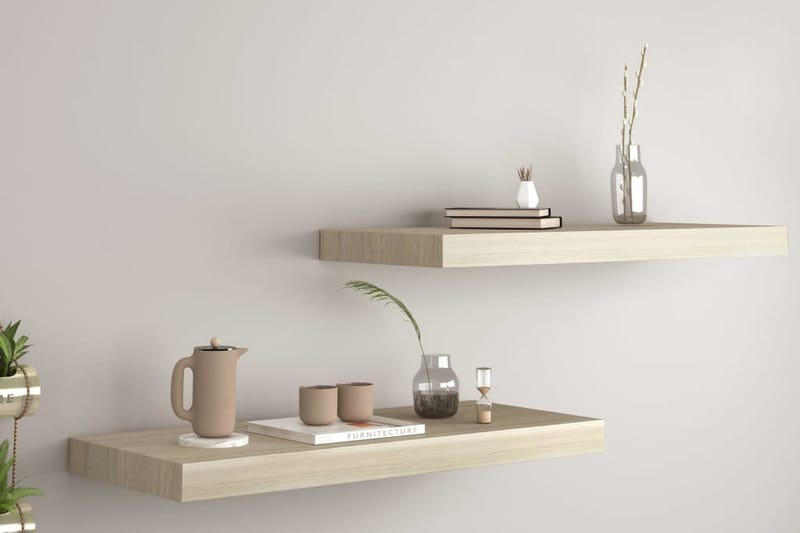 Svävande vägghyllor 2 st ek 60x23,5x3,8 cm MDF - Brun - Förvaring - Köksförvaring - Kökshylla
