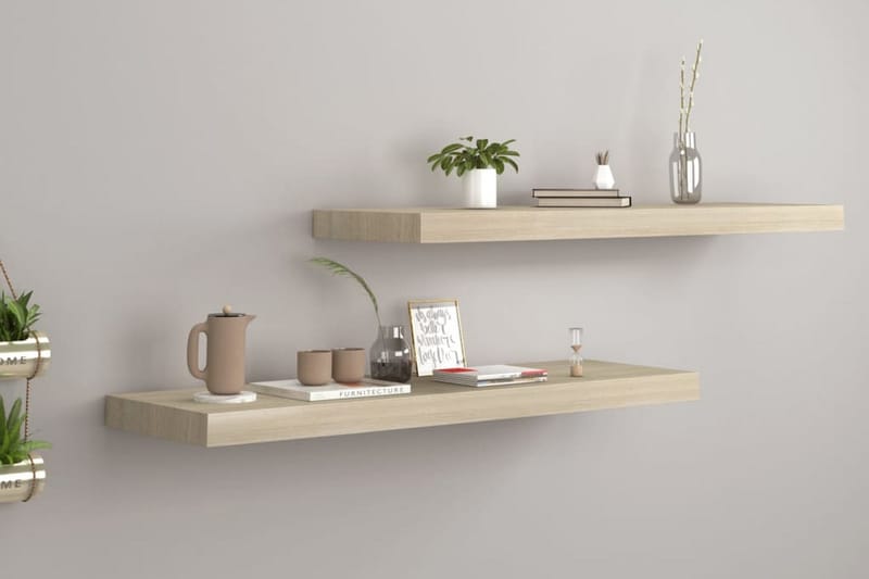 Svävande vägghyllor 2 st ek 80x23,5x3,8 cm MDF - Brun - Förvaring - Köksförvaring - Kökshylla