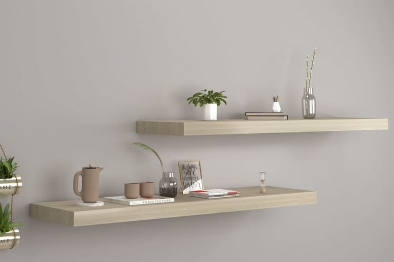 Svävande vägghyllor 2 st ek 90x23,5x3,8 cm MDF - Brun - Förvaring - Köksförvaring - Kökshylla