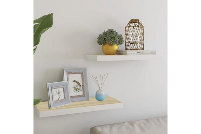 Svävande vägghyllor 2 st ek och vit 60x23,5x3,8 cm MDF - Vit/Trä - Förvaring - Köksförvaring - Kökshylla