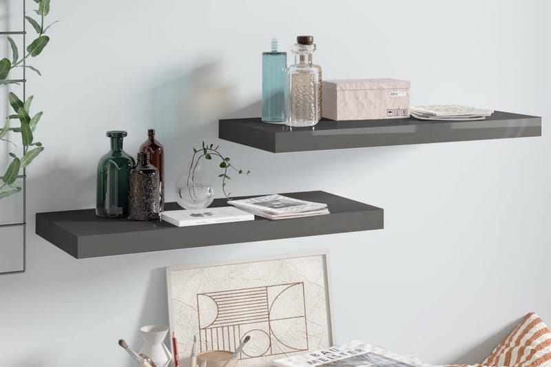 Svävande vägghyllor 2 st grå högglans 60x23,5x3,8 cm MDF - Grå - Förvaring - Köksförvaring - Kökshylla