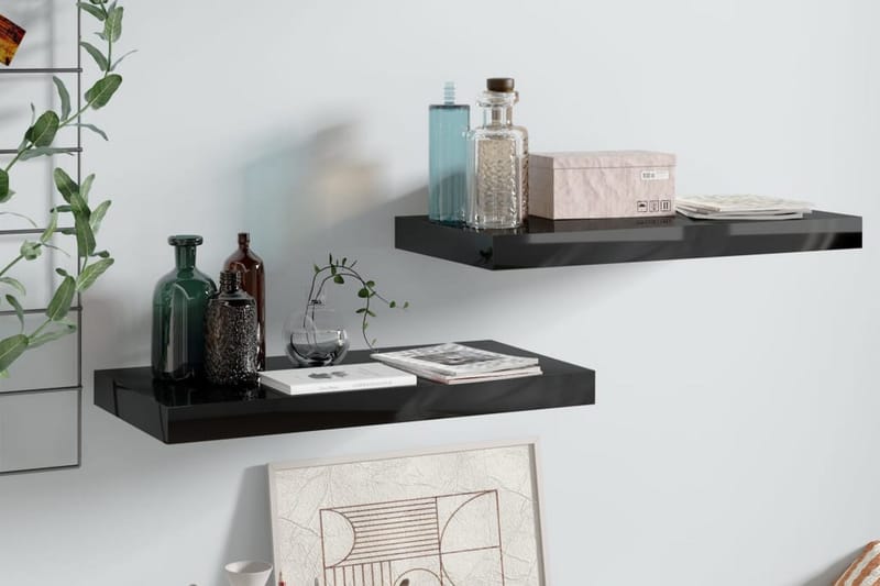 Svävande vägghyllor 2 st svart högglans 50x23x3,8 cm MDF - Svart - Förvaring - Köksförvaring - Kökshylla