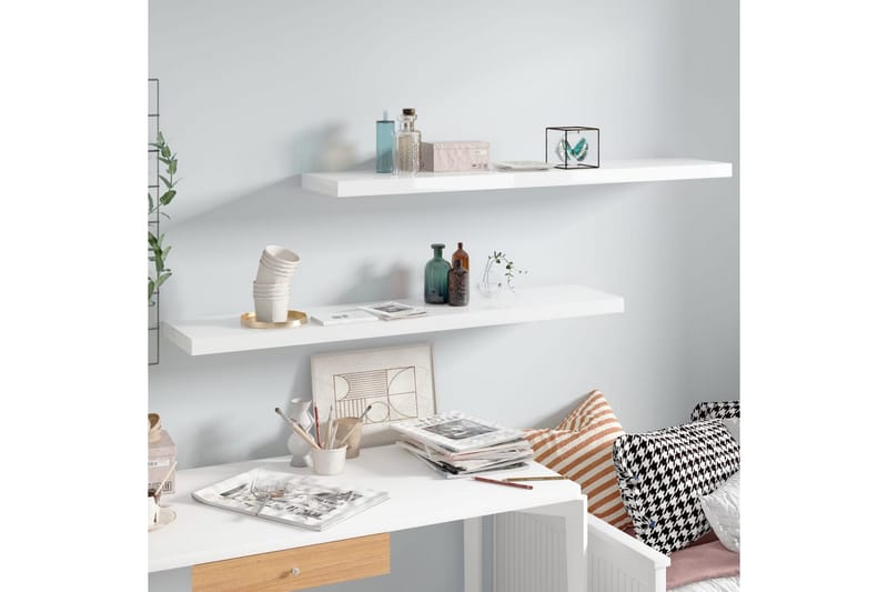 Svävande vägghyllor 2 st vit högglans 120x23,5x3,8 cm MDF - Vit - Förvaring - Köksförvaring - Kökshylla