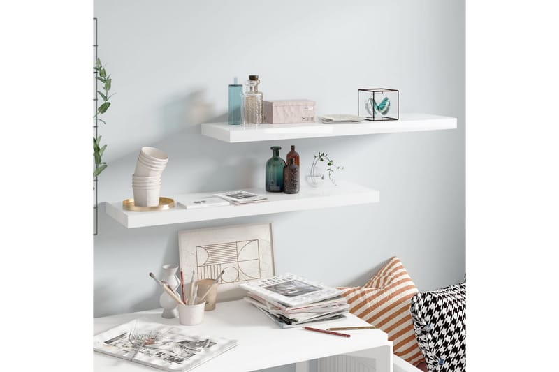 Svävande vägghyllor 2 st vit högglans 90x23,5x3,8 cm MDF - Vit - Förvaring - Köksförvaring - Kökshylla