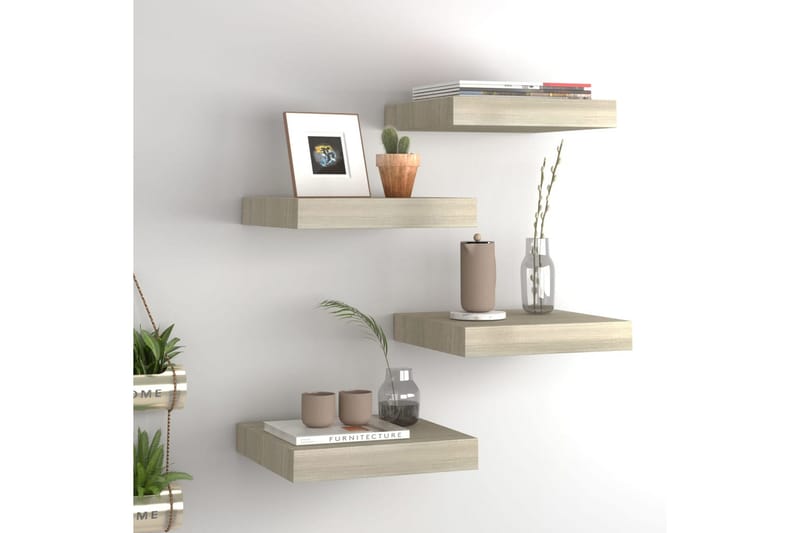 Svävande vägghyllor 4 st ek 23x23,5x3,8 cm MDF - Brun - Förvaring - Köksförvaring - Kökshylla