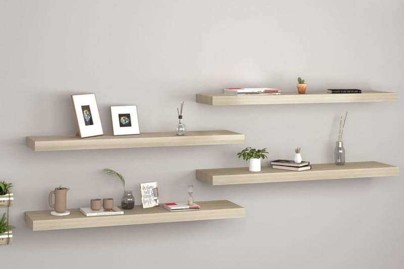 Svävande vägghyllor 4 st ek 90x23,5x3,8 cm MDF - Brun - Förvaring - Köksförvaring - Kökshylla