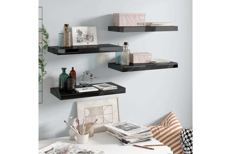 Svävande vägghyllor 4 st svart högglans 50x23x3,8 cm MDF - Svart - Förvaring - Köksförvaring - Kökshylla