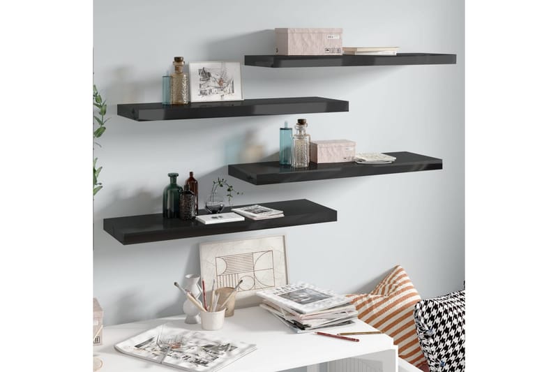 Svävande vägghyllor 4 st svart högglans 80x23,5x3,8 cm MDF - Svart - Förvaring - Köksförvaring - Kökshylla