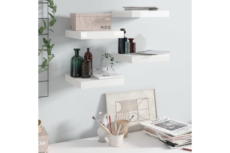 Svävande vägghyllor 4 st vit högglans 23x23,5x3,8 cm MDF - Vit - Förvaring - Köksförvaring - Kökshylla