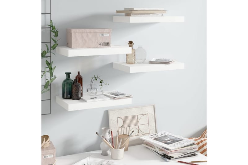 Svävande vägghyllor 4 st vit högglans 40x23x3,8 cm MDF - Vit - Förvaring - Köksförvaring - Kökshylla