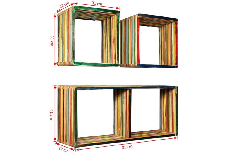 Vägghylla 3 delar massivt återvunnet teakträ flerfärgat - Flerfärgad - Kökshylla - Vägghylla