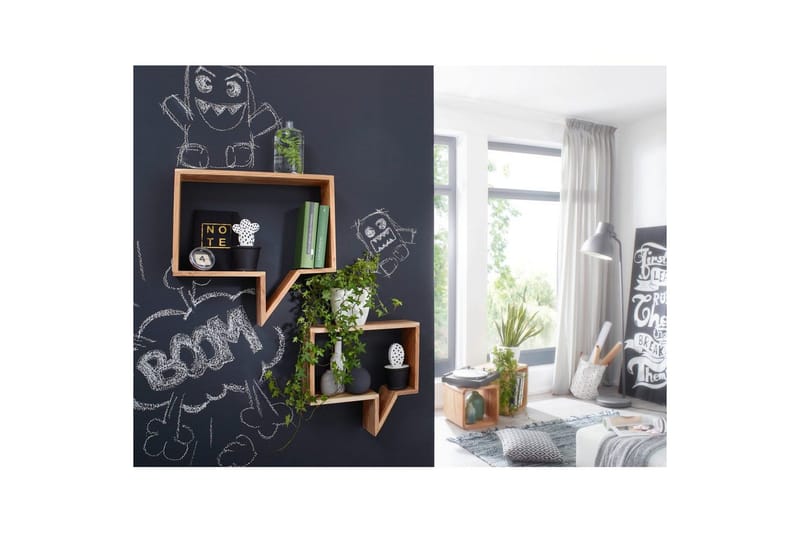 Vägghylla Wohnling Set med 2 solid trähyllor i form av pratbubblor, modern loftstil Akacia - Akacia - Förvaring - Köksförvaring - Kökshylla