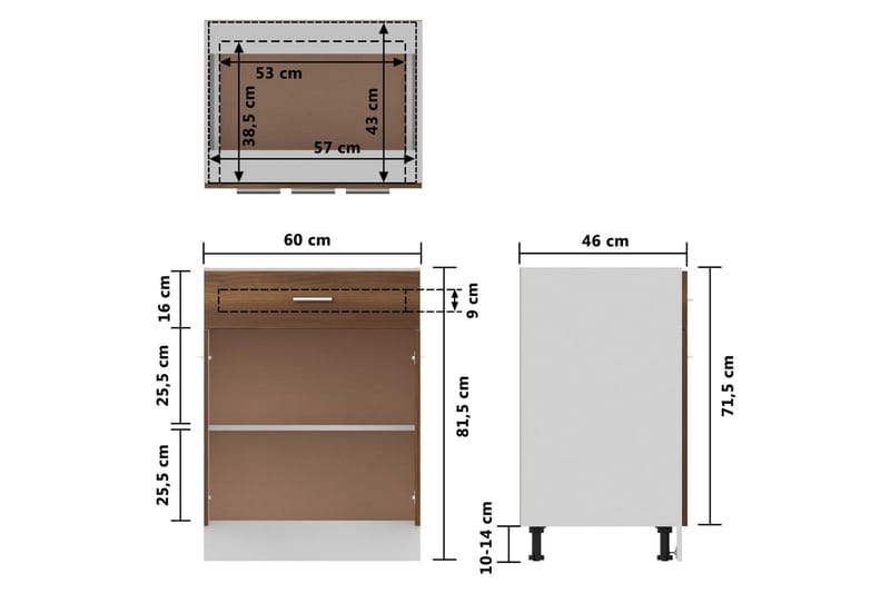 beBasic Underskåp brun ek 60x46x81,5 cm konstruerat trä - Köksskåp
