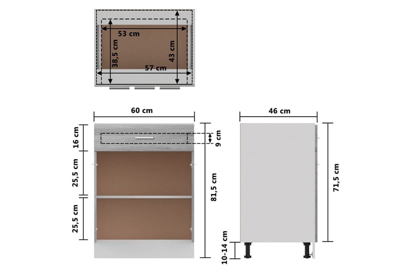 beBasic Underskåp grå sonoma 60x46x81,5 cm konstruerat trä - Köksskåp