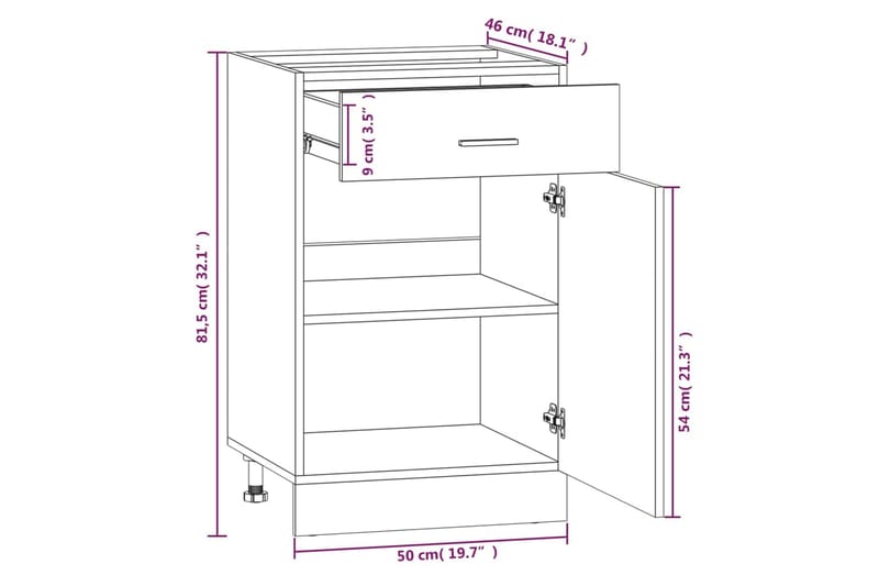 beBasic Underskåp rökfärgad ek 50x46x81,5 cm konstruerat trä - Förvaring - Skåp - Köksskåp