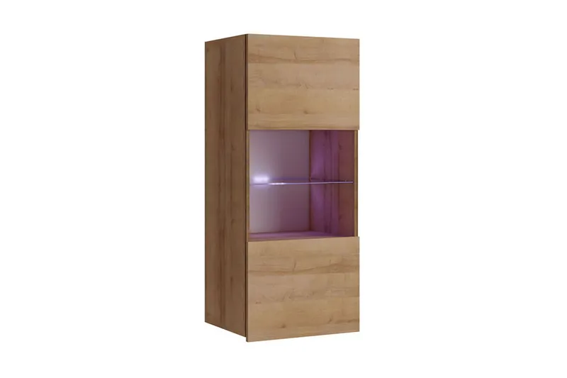 Frick Vägghängt Vitrinskåp Blå LED Belysning 32 cm djup 45 cm bred 117 cm hög Trä Ek Glas, Gyllene Ek