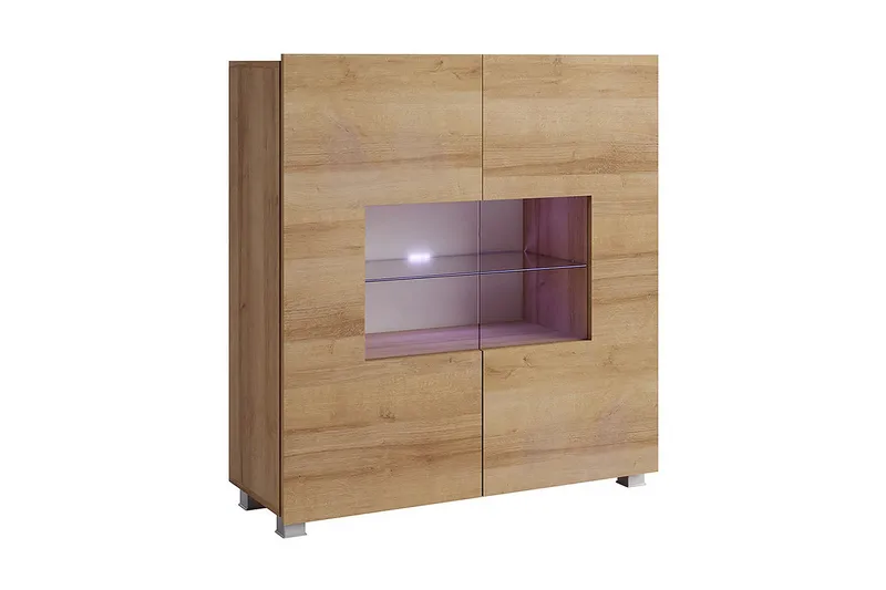 Frick Vitrinskåp Blå LED Belysning 35 cm djup 100 cm bred 107 cm hög Ljust Trä Glas, Gyllene Ek