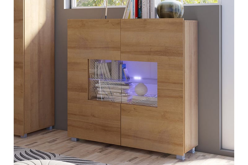 Frick Vitrinskåp Blå LED Belysning 35 cm djup 100 cm bred 107 cm hög Ljust Trä Glas - Gyllene Ek - Förvaring - Skåp - Vitrinskåp