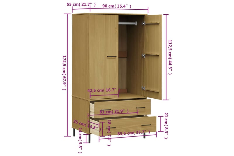 beBasic Klädskåp med metallben OSLO brun 90x55x172,5 massivt trä - Garderobsskåp