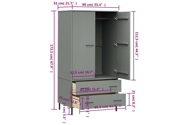 beBasic Klädskåp med metallben OSLO grå 90x55x172,5 cm massivt trä - Förvaring - Skåp - Garderobsskåp