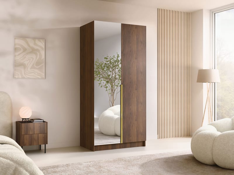 Herrljunga Garderob med Spegel 100x215 cm - Brun/Guld/Spegel - Förvaring - Sko- & klädförvaring - Garderober & garderobssystem