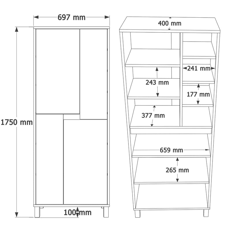 Avero Multifunktionsskåp 69,7x175x40 cm - Vit / Ek / Grå - Förvaring - Skåp - Köksskåp - Högskåp