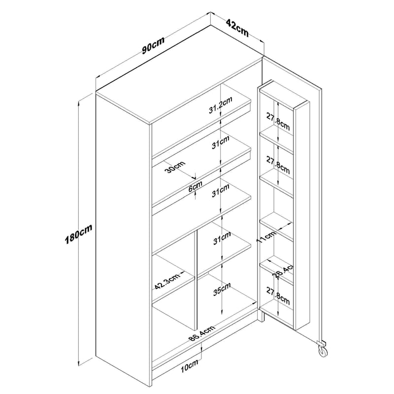 Bralen Multifunktionsskåp 90x180x42 cm - Vit - Förvaring - Skåp - Köksskåp - Högskåp