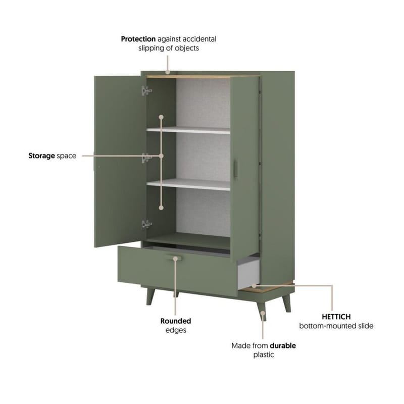 Linneskåp Scandi 2 dörrar 1 låda - Dämpad grön - Oljad ek - Förvaring - Skåp - Garderobsskåp