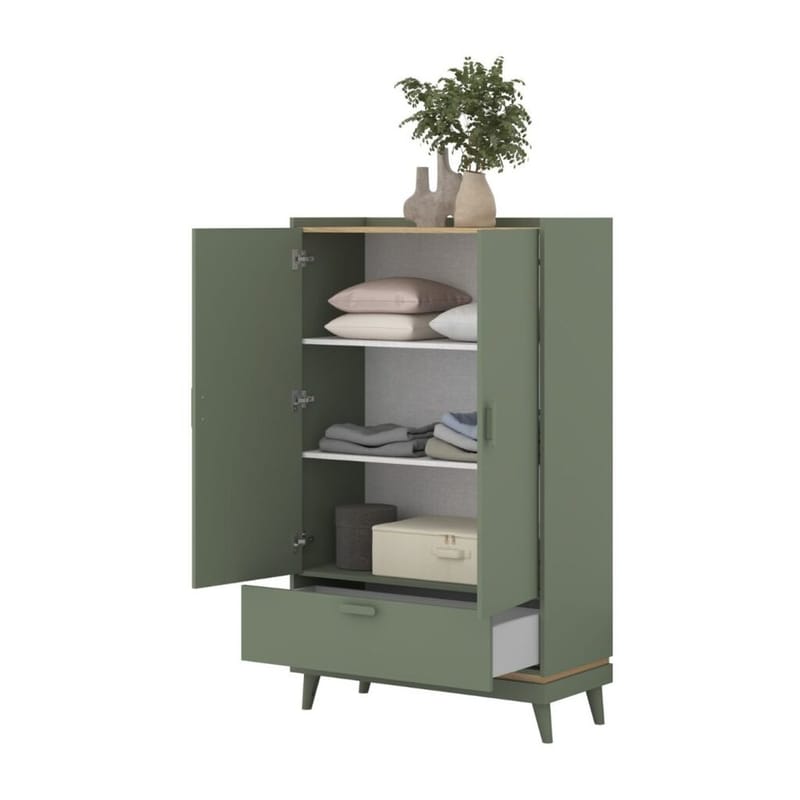 Linneskåp Scandi 2 dörrar 1 låda - Dämpad grön - Oljad ek - Förvaring - Skåp - Garderobsskåp