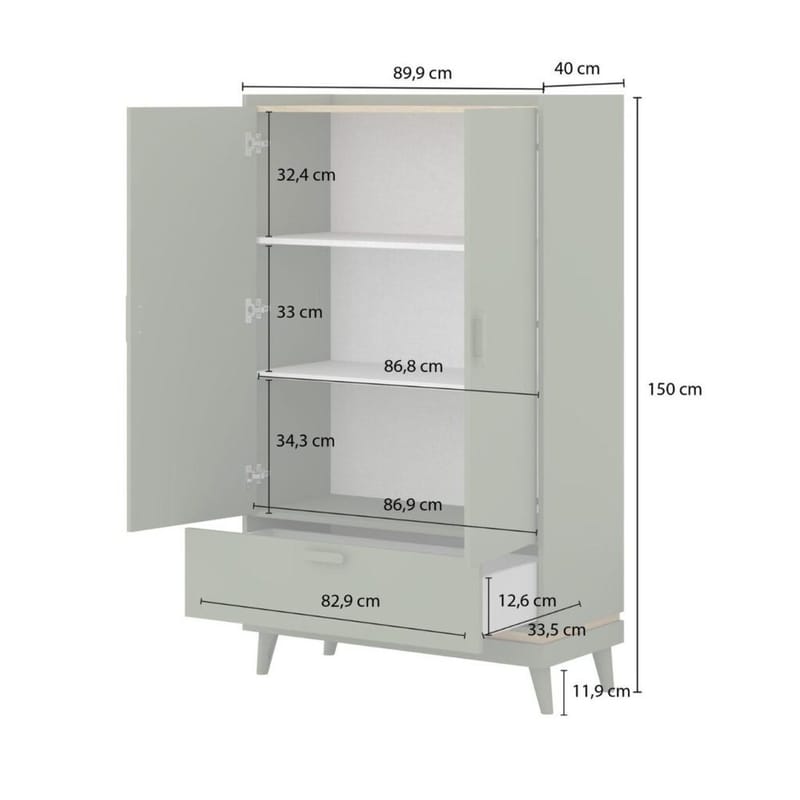 Linneskåp Scandi 2 dörrar 1 låda - Dämpad grön - Oljad ek - Förvaring - Skåp - Garderobsskåp