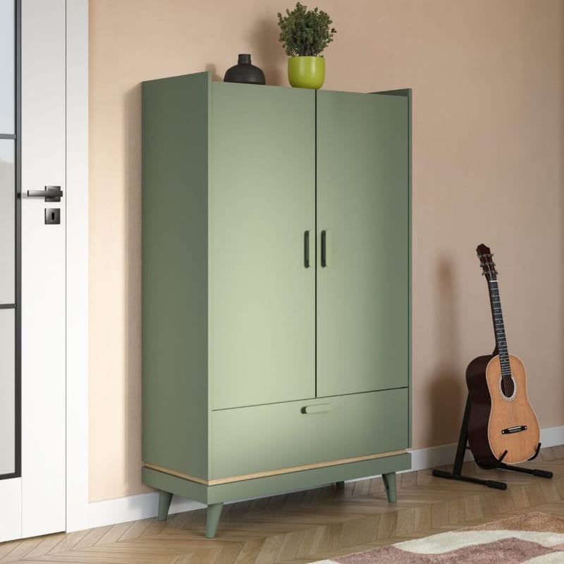 Linneskåp Scandi 2 dörrar 1 låda - Dämpad grön - Oljad ek - Förvaring - Skåp - Garderobsskåp