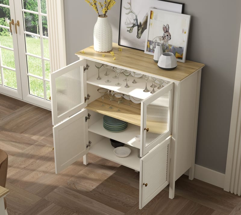 Natira Multifunktionsskåp 110x120 cm - Crème och ek - Förvaring - Skåp - Vitrinskåp