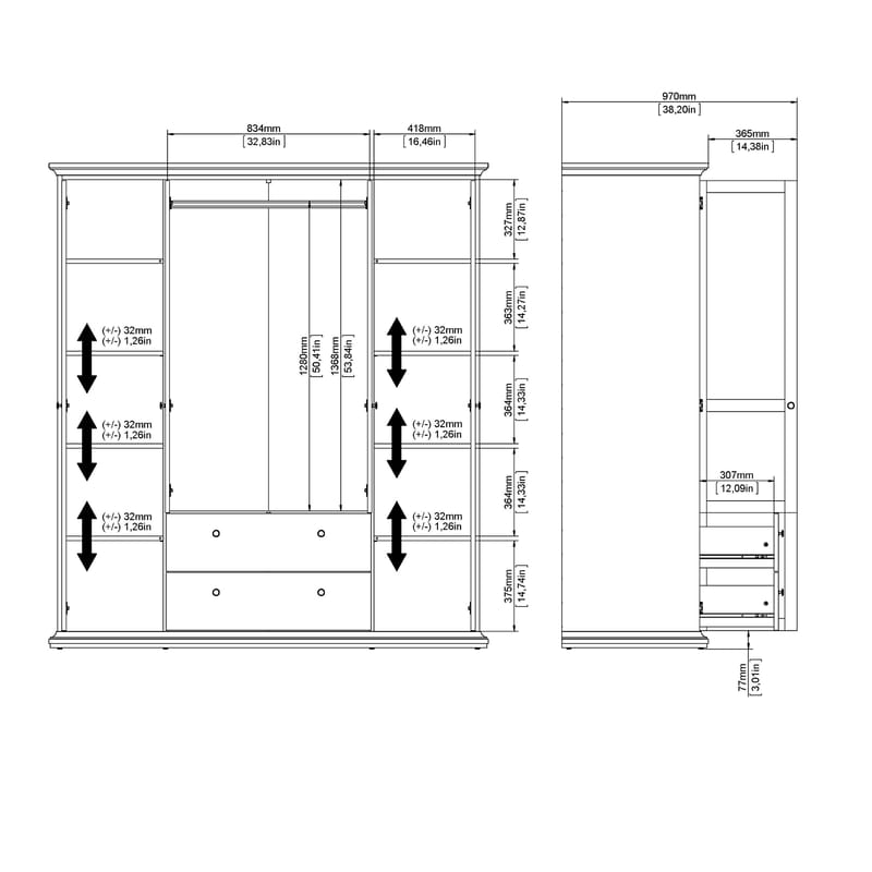 Paris Garderob med 4 dörrar och 2 lådor 181x61x201 cm - Förvaring - Skåp - Garderobsskåp