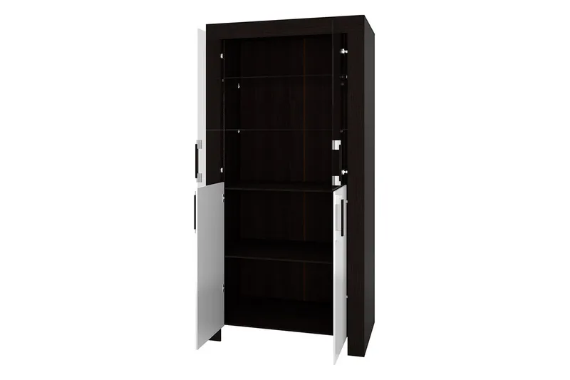 Cezar Vitrinskåp Vit LED Belysning 43 cm djup 100 cm bred 201 cm hög Ljust Trä Ek Glas - Beige/Grå - Förvaring - Skåp - Vitrinskåp