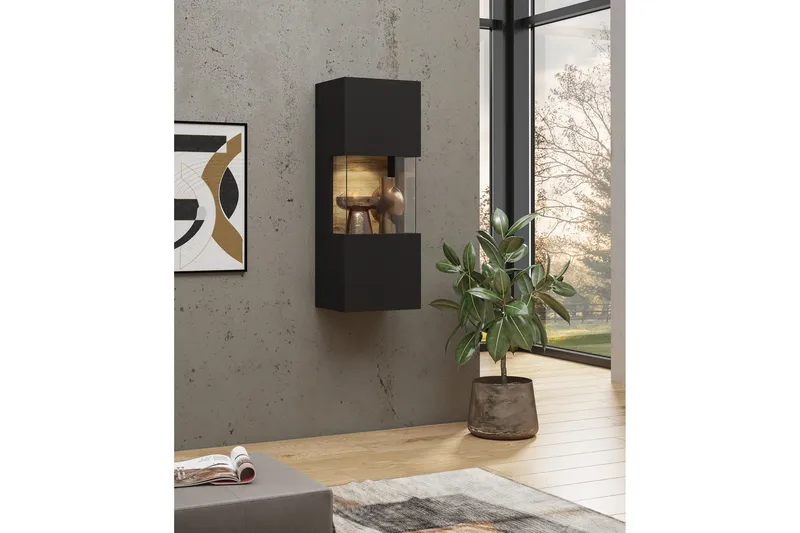 Jestine Lågt Vägghängt alt Fristående Vitrinskåp 30 cm djup 36 cm bred 95 cm hög Mörkt Trä, Svart