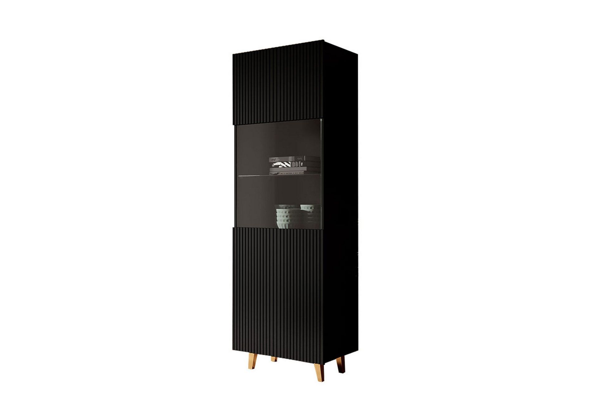 Junisk&auml;r Ribbad Vitrinsk&aring;p 40 cm djup 59,6 cm bred 182 cm h&ouml;g tr&auml; - Svart/Guld