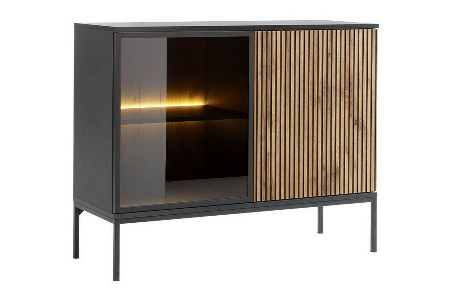 Klinkerville L&aring;gt Vitrinsk&aring;p med belysning 39 cm djup 104 cm - Svart Tr&auml; / Glas / Ribbad