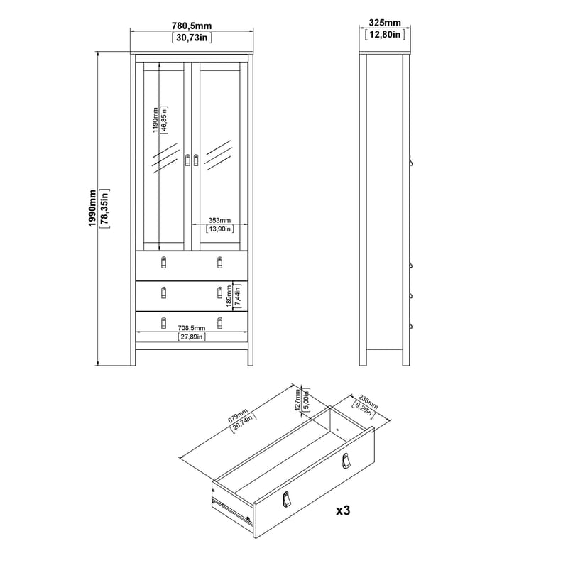 Vitrinskåp Madrid med 2 glasdörrar 3 lådor 78x199 cm - Förvaring - Skåp - Vitrinskåp