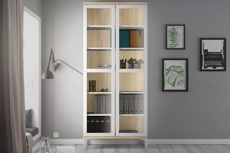 MELE Vitrinskåp 89 2 Dörrar med Ben Vit/Ek - Förvaring - Skåp - Vitrinskåp