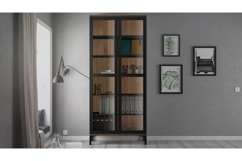 Roomers Vitrinskåp med 2 Dörrar - Svart/Valnöt - Förvaring - Skåp - Vitrinskåp