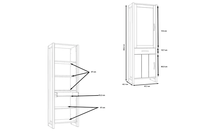 Strumica Vitrinskåp 43,1 cm djup 67,7 cm bred 205,4 cm hög Trä Glas - Brun/Grå - Förvaring - Skåp - Vitrinskåp