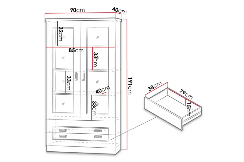 Tadeusz Vitrinskåp 40 cm djup 90 cm bred 191 cm hög Trä - Brun - Förvaring - Skåp - Vitrinskåp