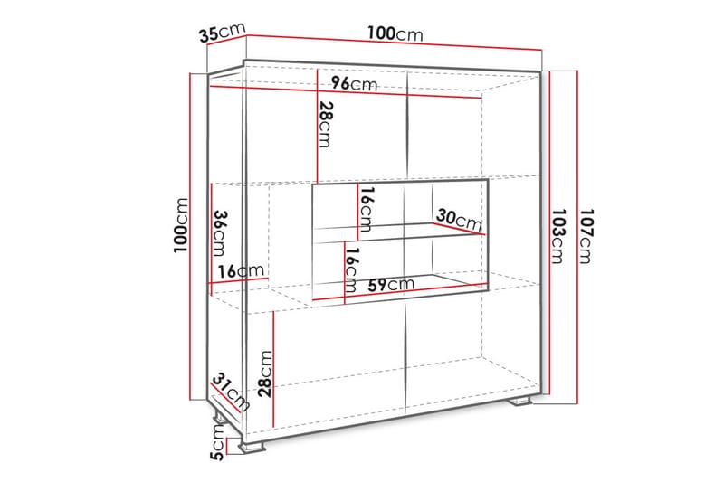 Tessan Vitrinskåp 100x35x107 cm - Svart/Vit Led-Belysning - Förvaring - Skåp - Vitrinskåp
