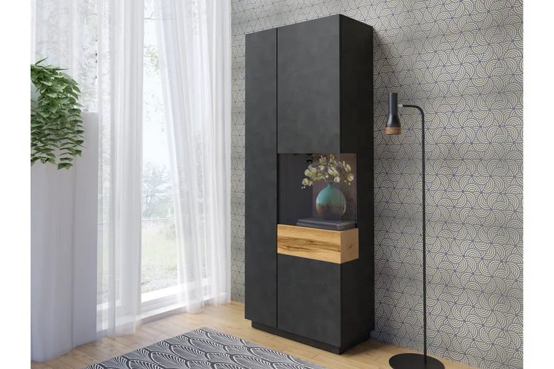 Tomeka Vitrinskåp 40 cm djup 80 cm bred 207 cm hög Mörkt Trä Hylla Höger - Trä - Förvaring - Skåp - Vitrinskåp