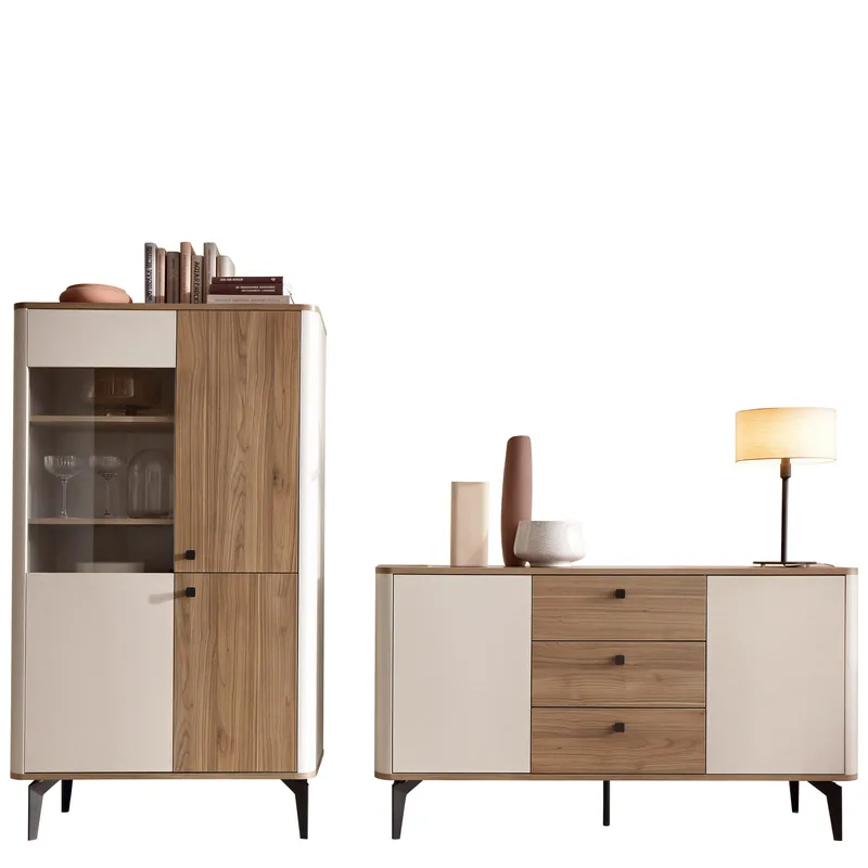 Zeyrin Möbelset vardagsrum - Skänk + Vitrinskåp, Brun|beige|svart